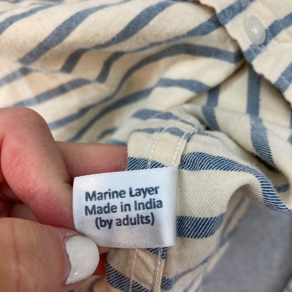 Marine Layer M Striped Button Up Shirt Long Sleeve Cream Blue Cotton Men's - Picture 5 of 6